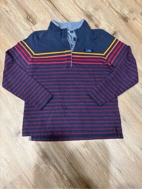 L.L. Bean Navy Long-Sleeve Henley with Red & Yellow Stripes